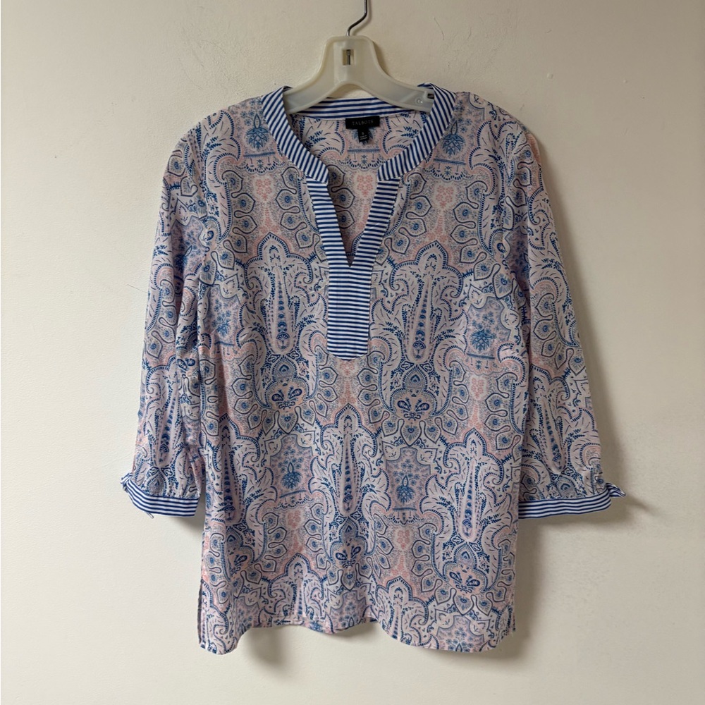 Talbots Island Blue & Pink Paisley Split-Neck Women's Tunic Top Small